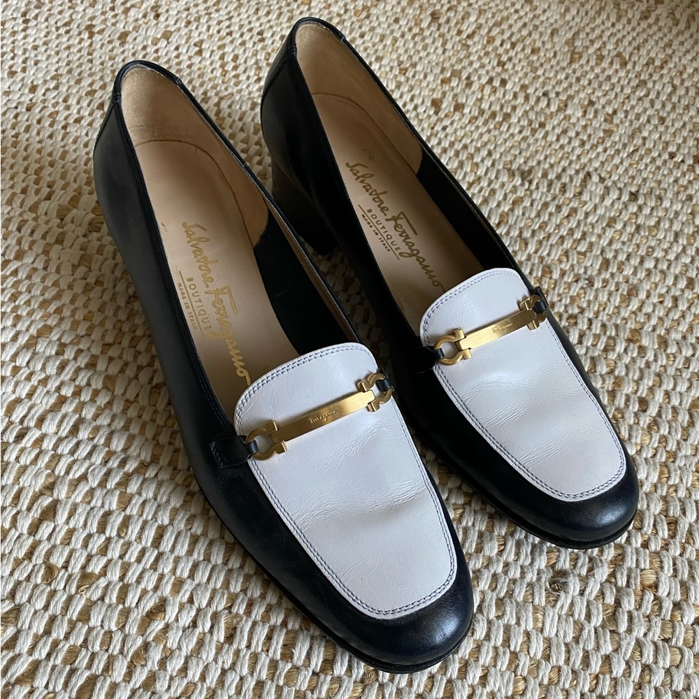 Salvatore Ferragamo Black and White block heeled pump/loafers